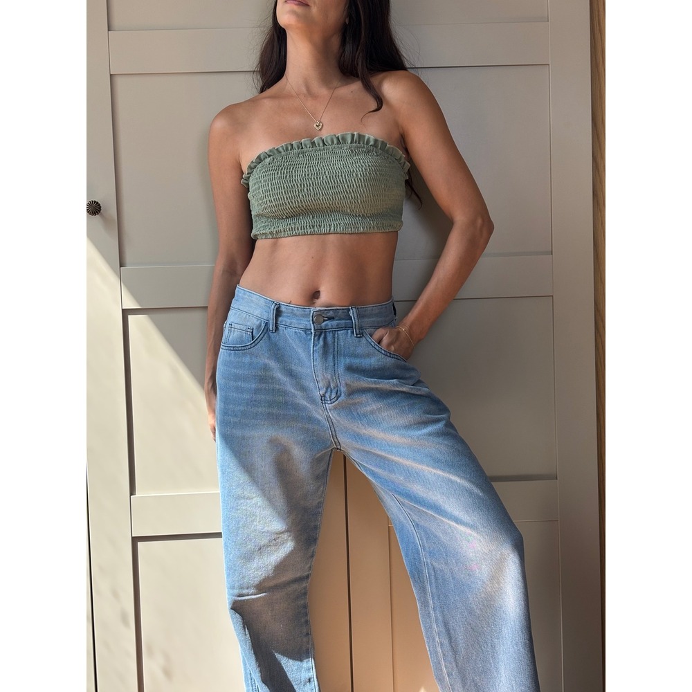 SHEIN Womens Sage Green Smocked Tube Top Ruffle Strapless Crop Micro Top Small